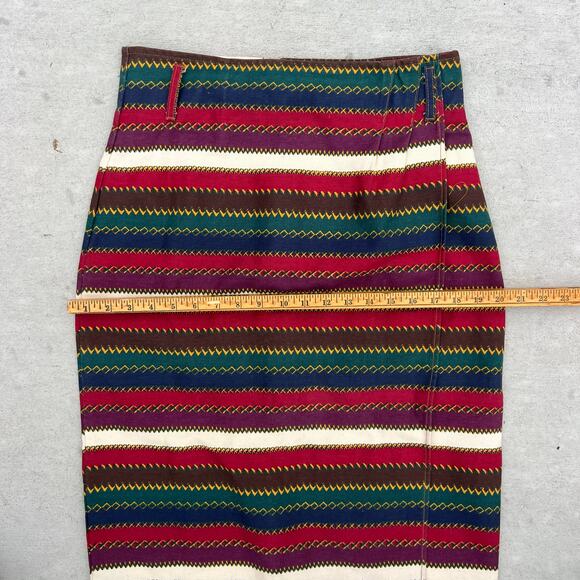 Vintage 80s BeBop Fall Aztec Southwestern Stripe Faux Wrap Midi Pencil Skirt 13 - Picture 10 of 11
